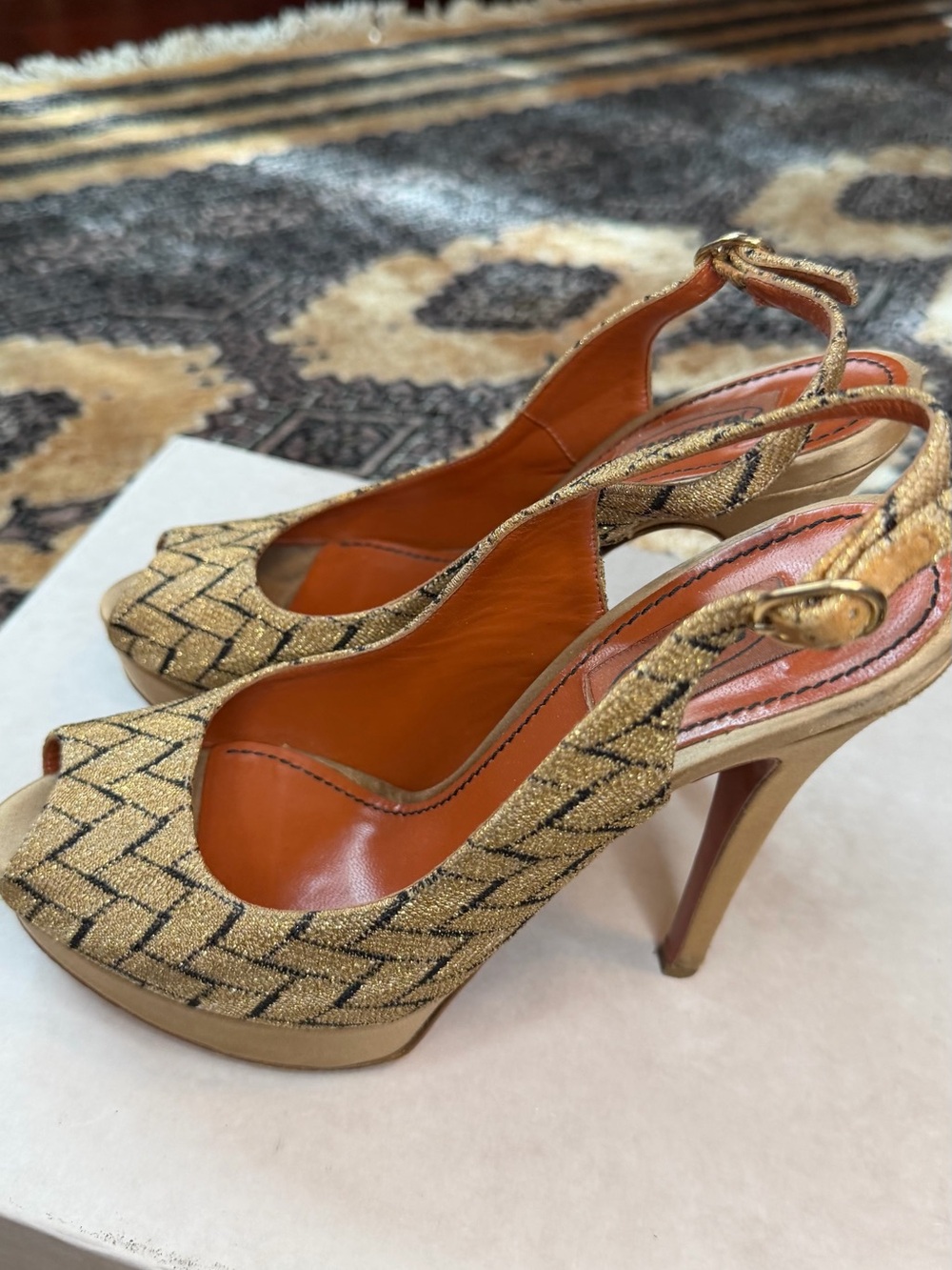 Missoni Gold and Black Woven Slingback Peep-Toe Heels